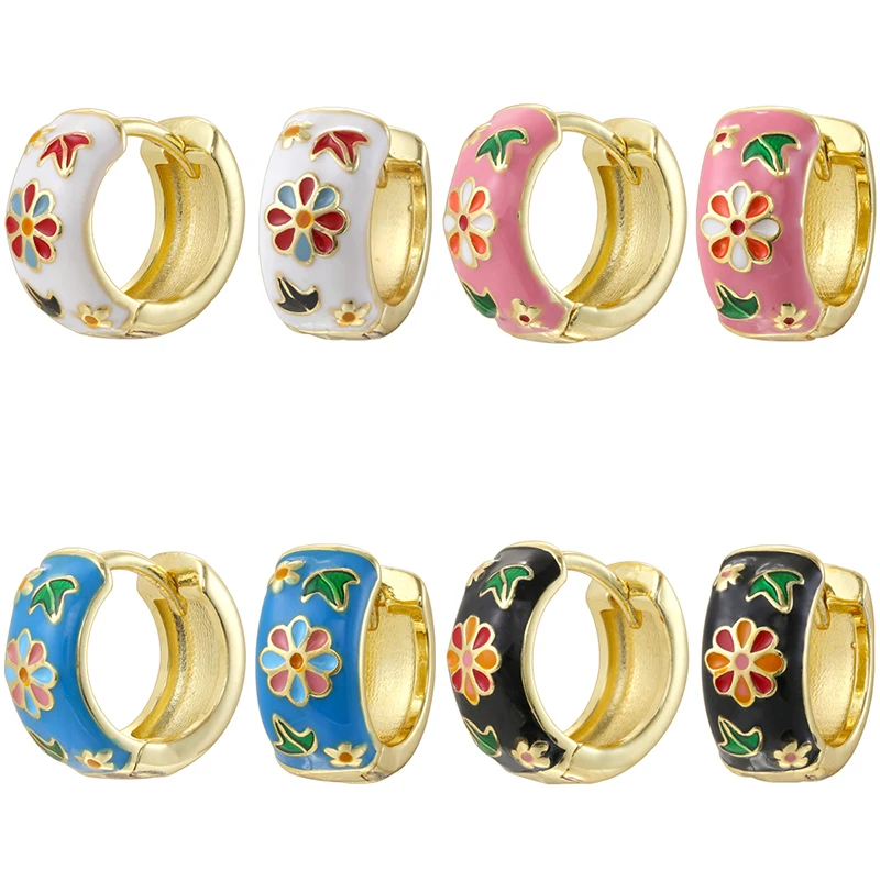 

ZHUKOU 14MM Small Enamel Hoop Earrings Bohemian Floral Motif Ladies' Sweet Romantic Jewellery 1 Pair:VE1706