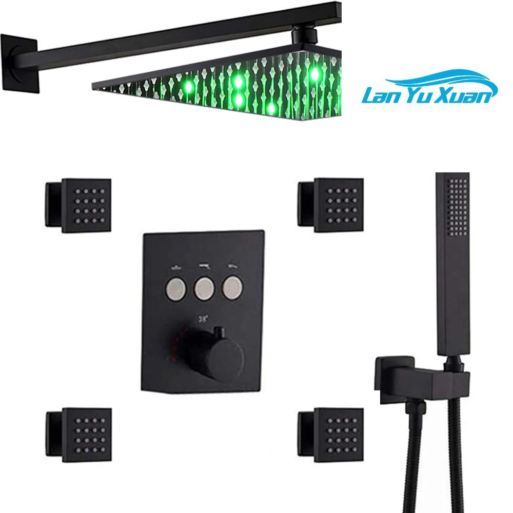 LED Mate Black Rain Faucet Shower Mixer Set Bathroom Shower System with Spa Body Jet