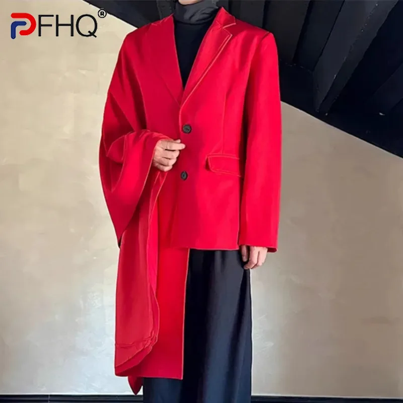 PFHQ Men's Blazers Niche Design Single Breasted Casual Irregular Hem Cloak Coat Loose Solid Color Male Suit Jackets Chic 9C7648