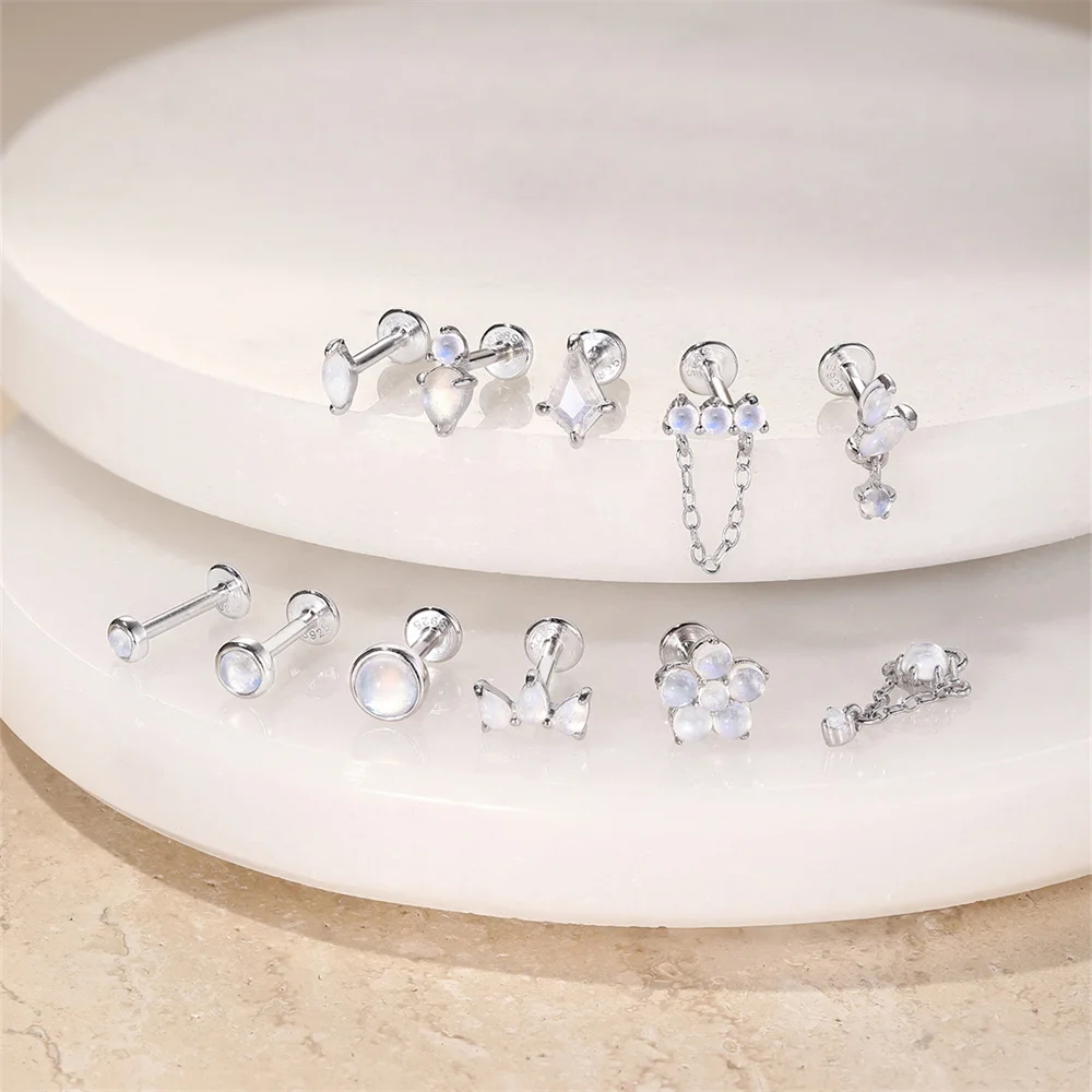 CANNER 1PC Natural Moonstone 925 Sterling Silver Flat Head Thread Puncture Earring Women Flower Horse Eye Piercing Earring New