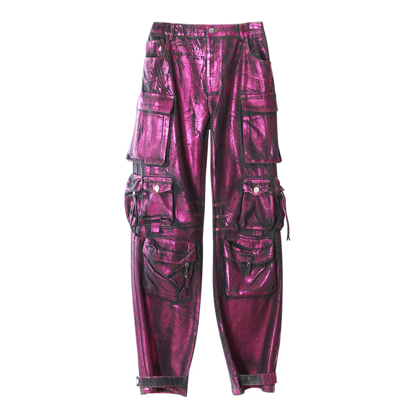

Purple Hot Stamping Women's Personalized Straight Tube Jeans Loose Floor Length Wide Leg Pants Multiple Pockets Street