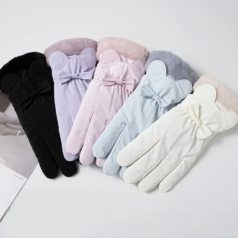 Winter Warm Gloves For Women Plus Velvet Thickened Waterproof Windproof Cute Bow Student Outdoor Cycling Touch Screen Ski Gloves