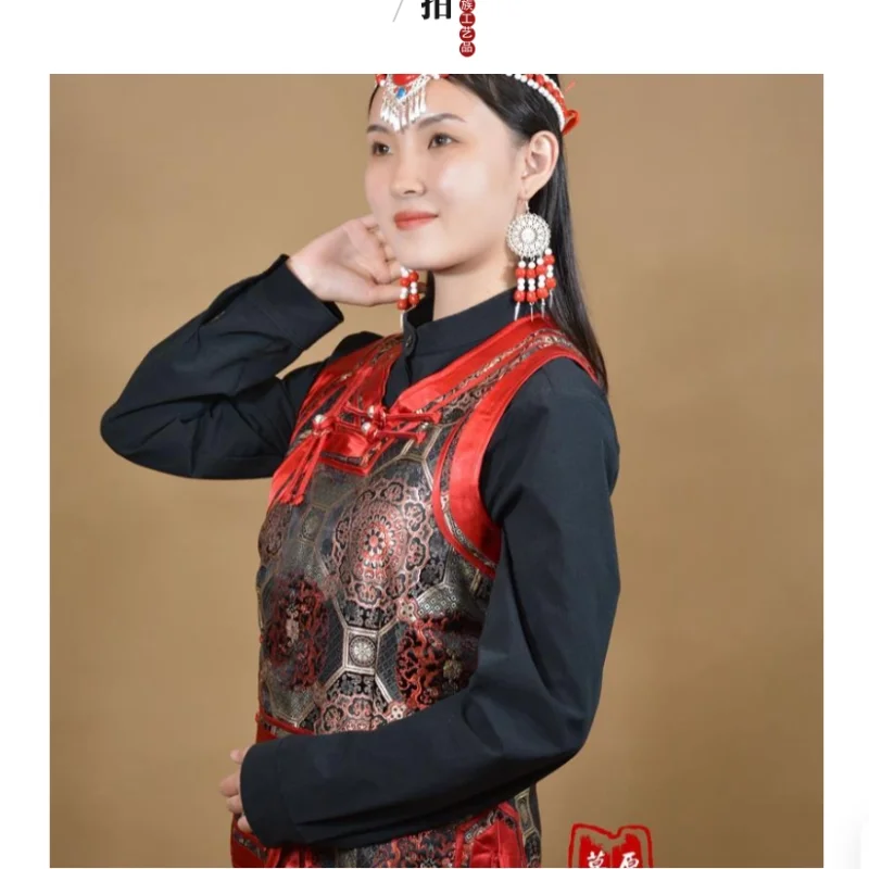 Chinese Mongolian Women's Round Neck Vest With Double Layered Lining and Metal Buckle Vest