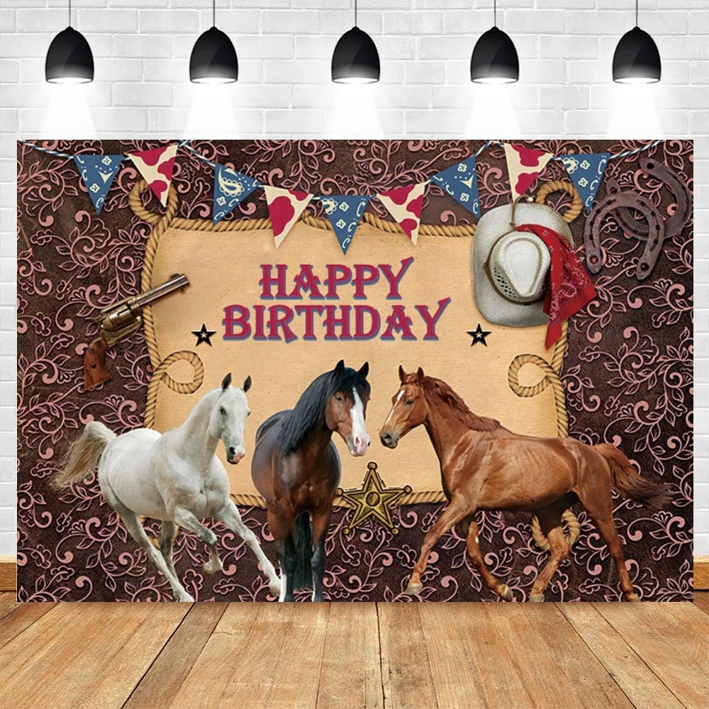 Cowboy Horse Theme Backdrop for Boys Western Cowgirl Birthday Party Flower Saddle Kids Portrait Photography Background Props