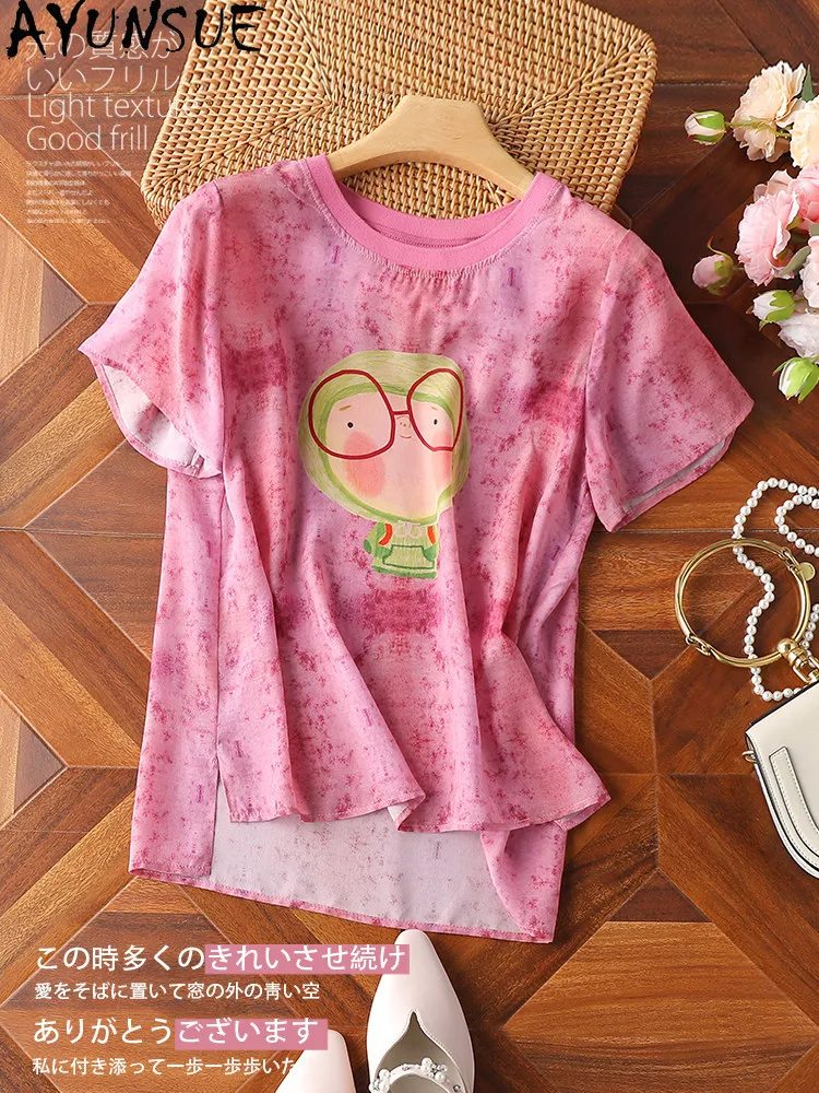 AYUNSUE 16MM 100% Real Mulberry Silk Elegant T-Shirts Summer Ladies Tops Sweet T Shirt Women Clothing O-neck Print Ropa Mujer