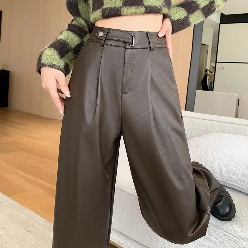 Women's High-Waisted Narrow-Leg Straight-Leg Brown Drapedbell Bottoms New Style CoffeePU Leather Pants Autumn Winter 2023