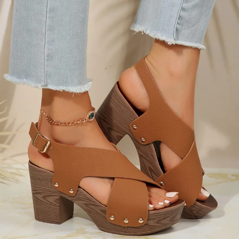 

2025 New Shoes for Women Plus Size Buckle Strap Women's Sandals Summer Platform Dress Sandals Women Solid High Heel Shoes Ladies