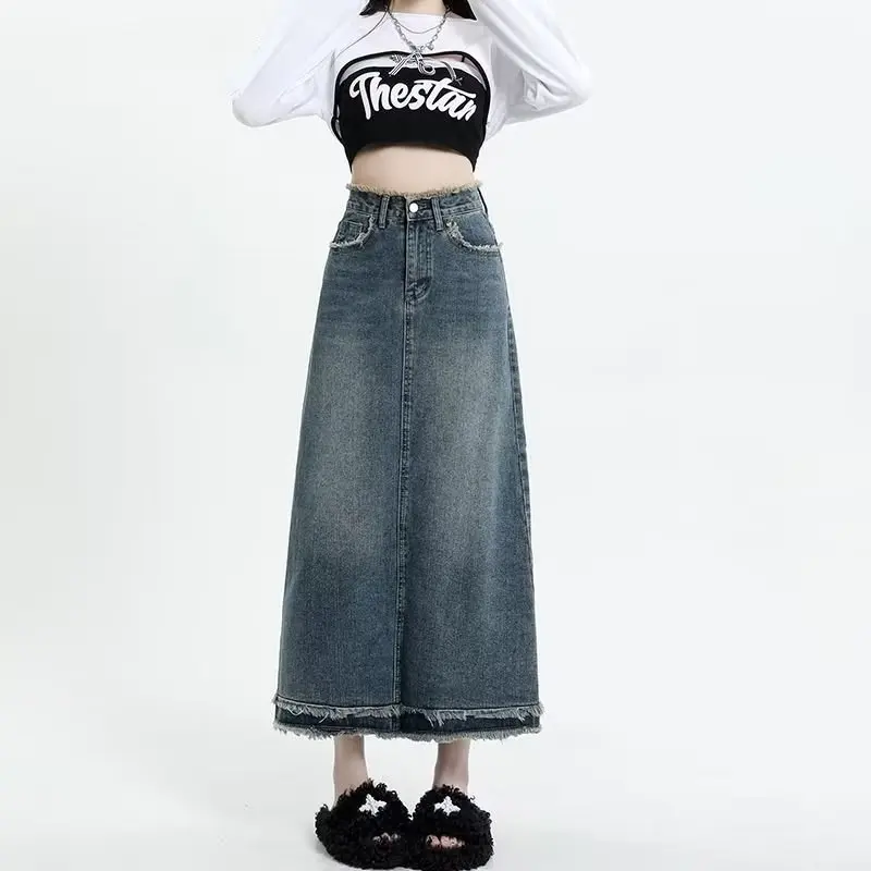Spring Autumn High Waist Denim  Midi Skirt Women's Fashion Slim Fit A-Line Skirt with Frayed Hemline Cotton Material