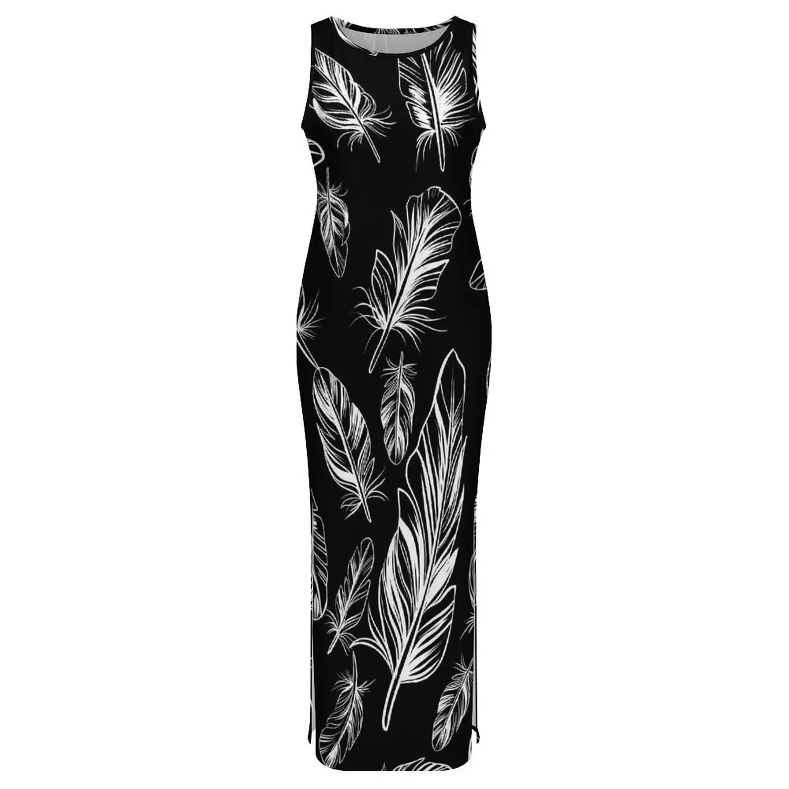 깃털 프린트 드레스 민소매 흑백 스트리트 스타일 맥시 드레스 나이트 클럽 Bodycon 드레스 레이디 디자인 오버 사이즈 의류