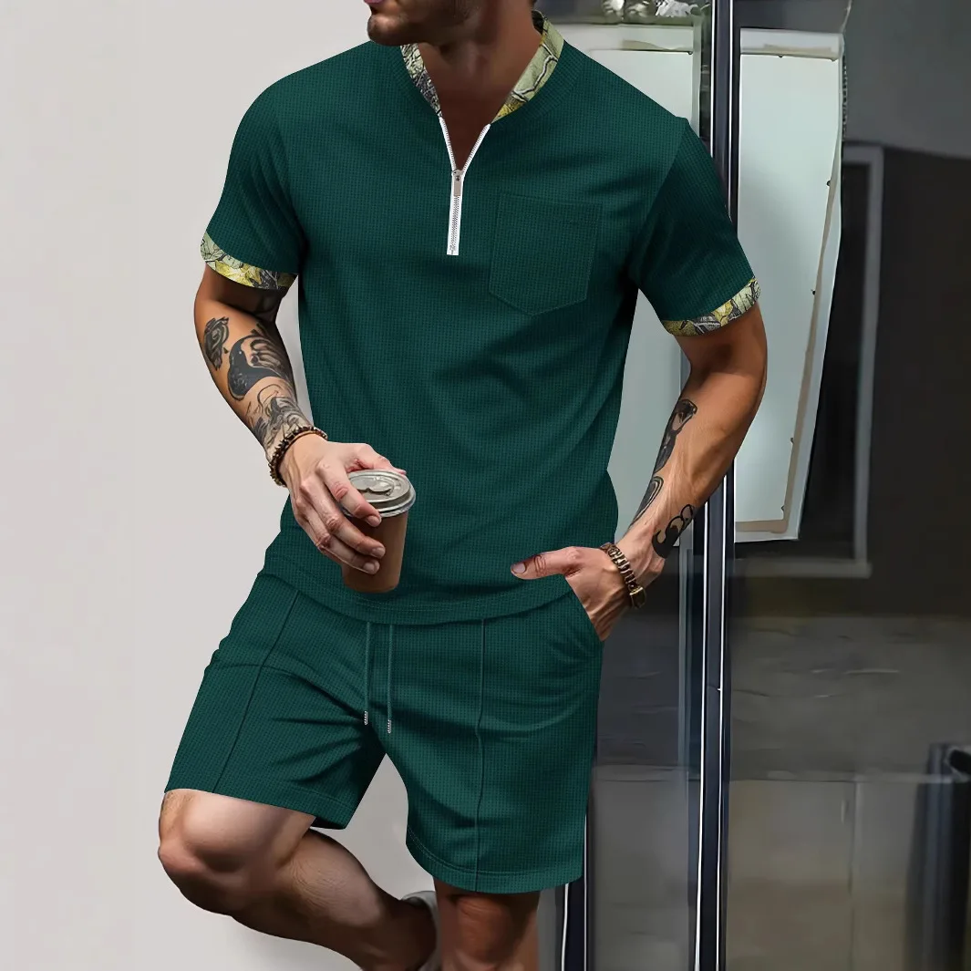 

Summer New Waffle Zip Stand Collar Color Block Short Sleeve Shorts Casual Outdoor Daily Comfort Two Piece Men Tracksuit Set