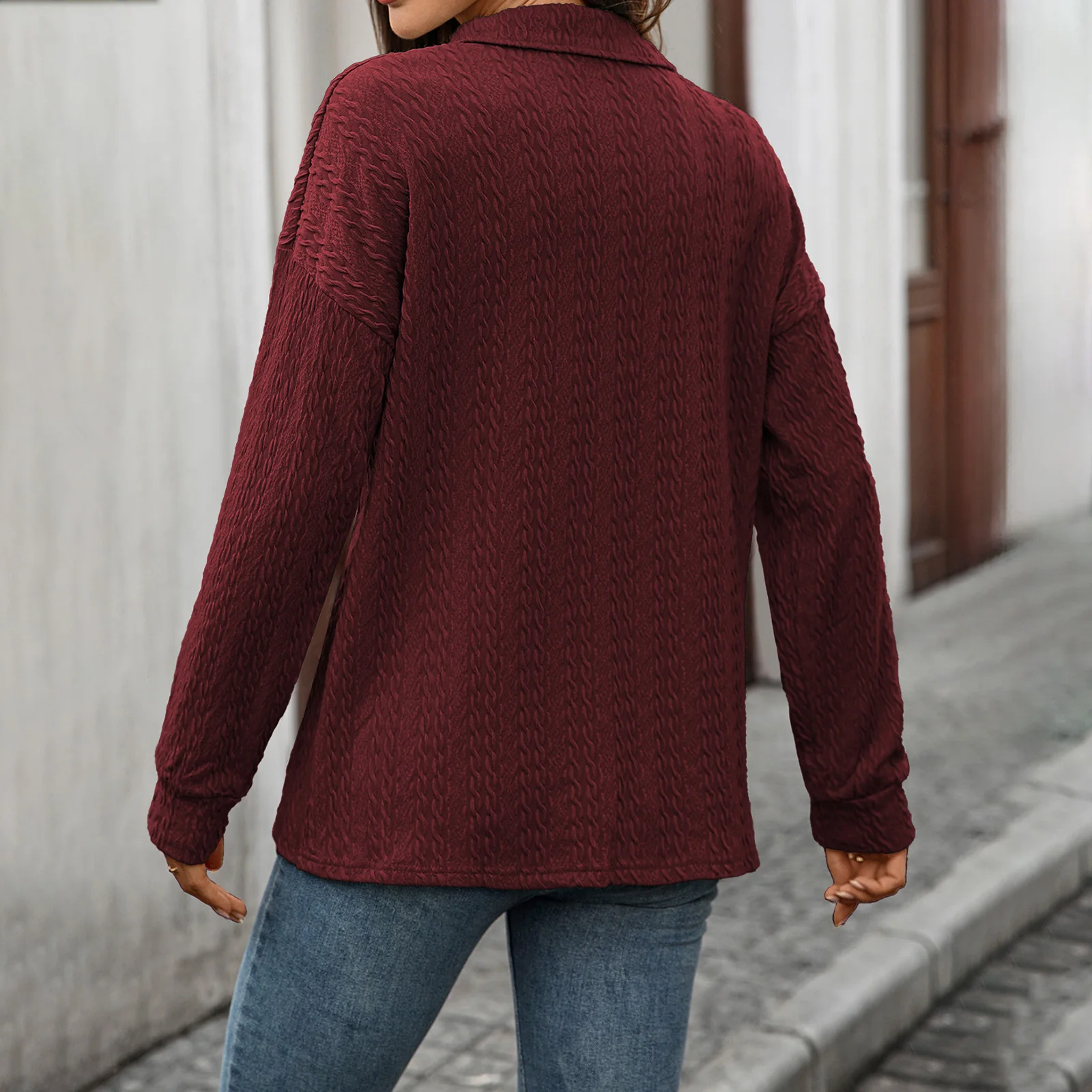

Women's Fall Loose Sweatshirt Solid Color Jacquard Long Sleeve Lapel Button Front Pullover Casual Lightweight Tops