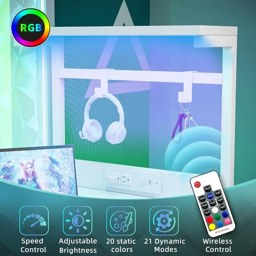 مكتب ألعاب مقاس 55 بوصة مع مخرج طاقة مدمج وإضاءة LED قابلة للتعديل لإعداد المكاتب المنزلية وأرفف قابلة للعكس وS مخفية #5