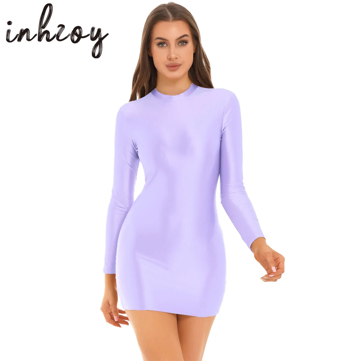 

Women Glossy Bodycon Dress Long Sleeve Oil Shiny Smooth Mini Pencil Dress Stretchy Mock Neck Tight Party Dresses Dance Clubwear