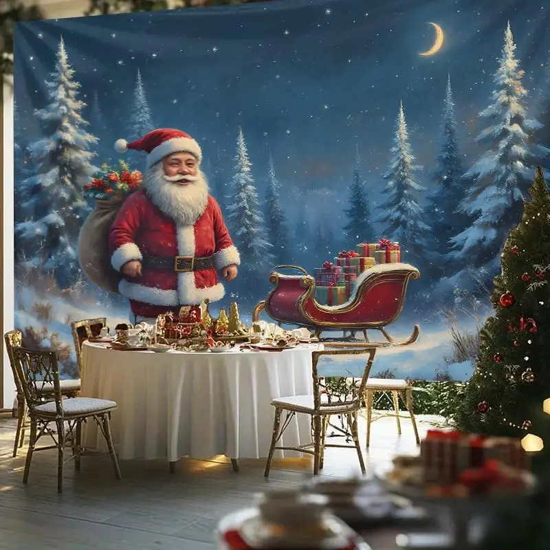 1pc Extra Large Christmas Tapestry Wall Hanging - Santa Claus, Sleigh & Snowy Pine Trees with Twinkling Lights