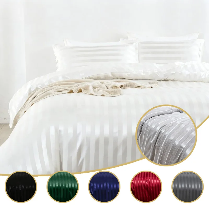 Solid Color Washable Satin Faux Silk Striped Duvet Cover Full/Queen/King/Single/Double Size Set Luxury Bedding Set Home Hotel