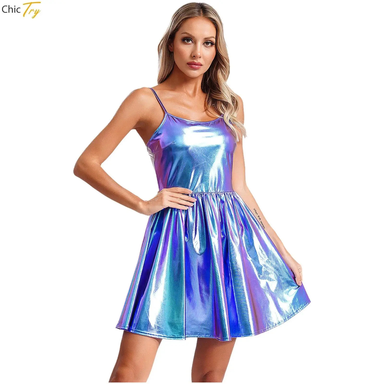 

Women Metallic Shiny Holographic Dress Patent Leather High Waist A-line Dress for Music Festival Club Party Pole Jazz Dancewear