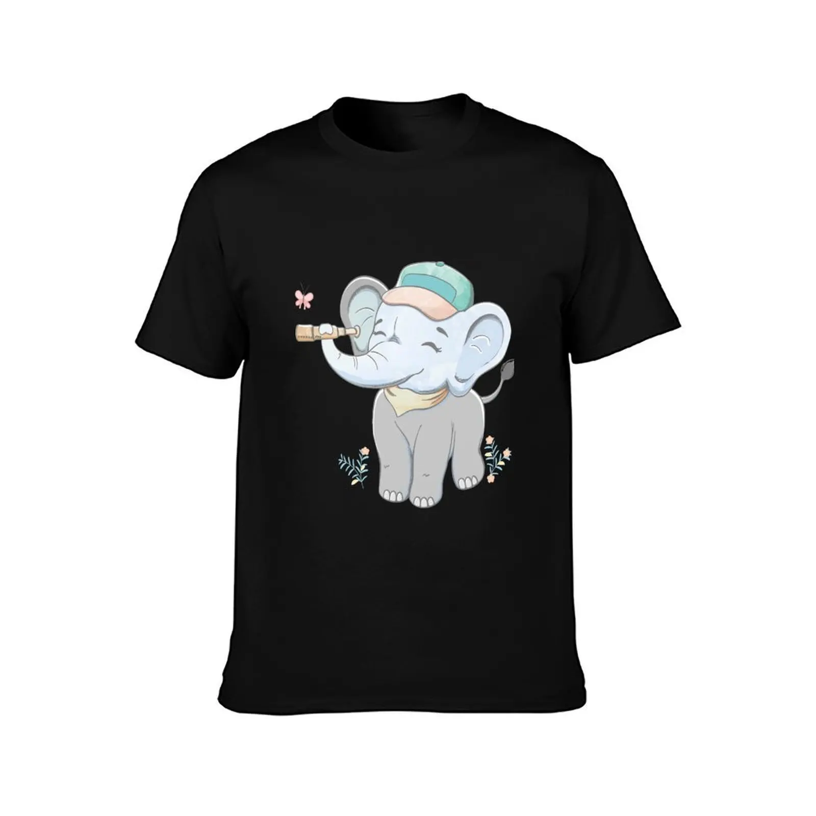 Cute baby elephant discovering with binoculars T-Shirt Casual All Match Short Sleeve T-Shirt