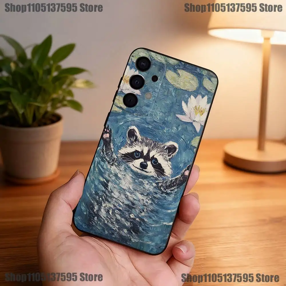 เคสโทรศัพท์ลายแรคคูนน่ารัก สำหรับ Samsung S25,S24,S21,S22,S23,S30,Ultra,S20,Plus,Fe,Lite,5G สีดำ