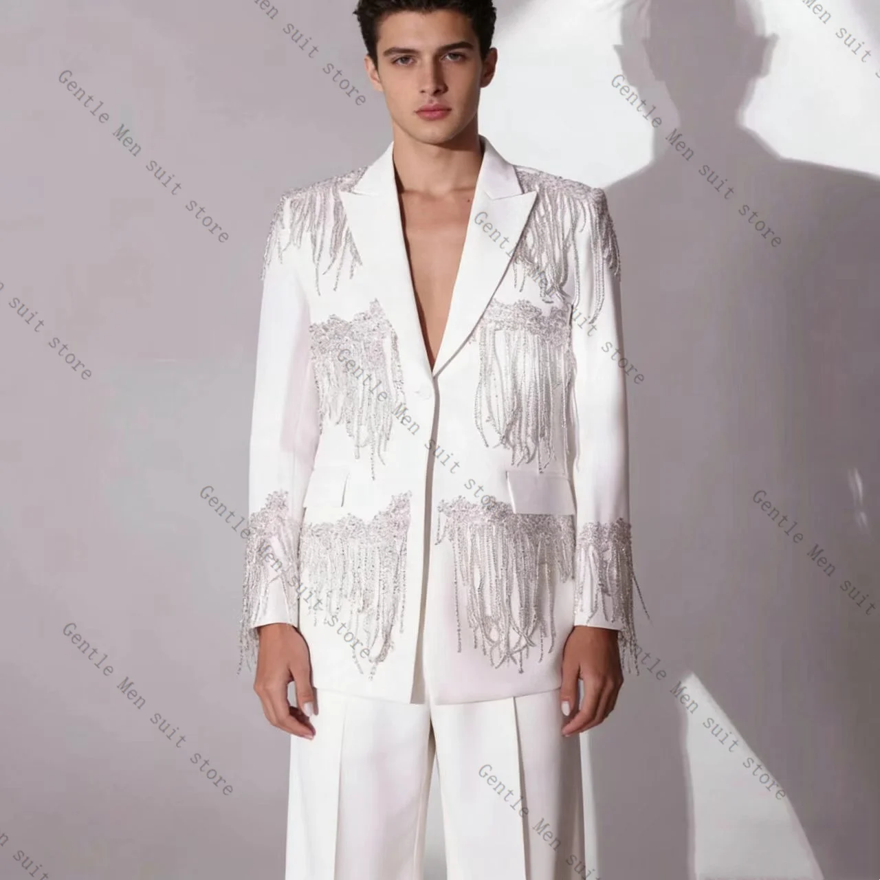 

White Beading Stone Men Suit Set 2 Pcs Blazer+Pants Trousers Groom Wedding Tuxedo Formal Office Business Jacket Coat Customized