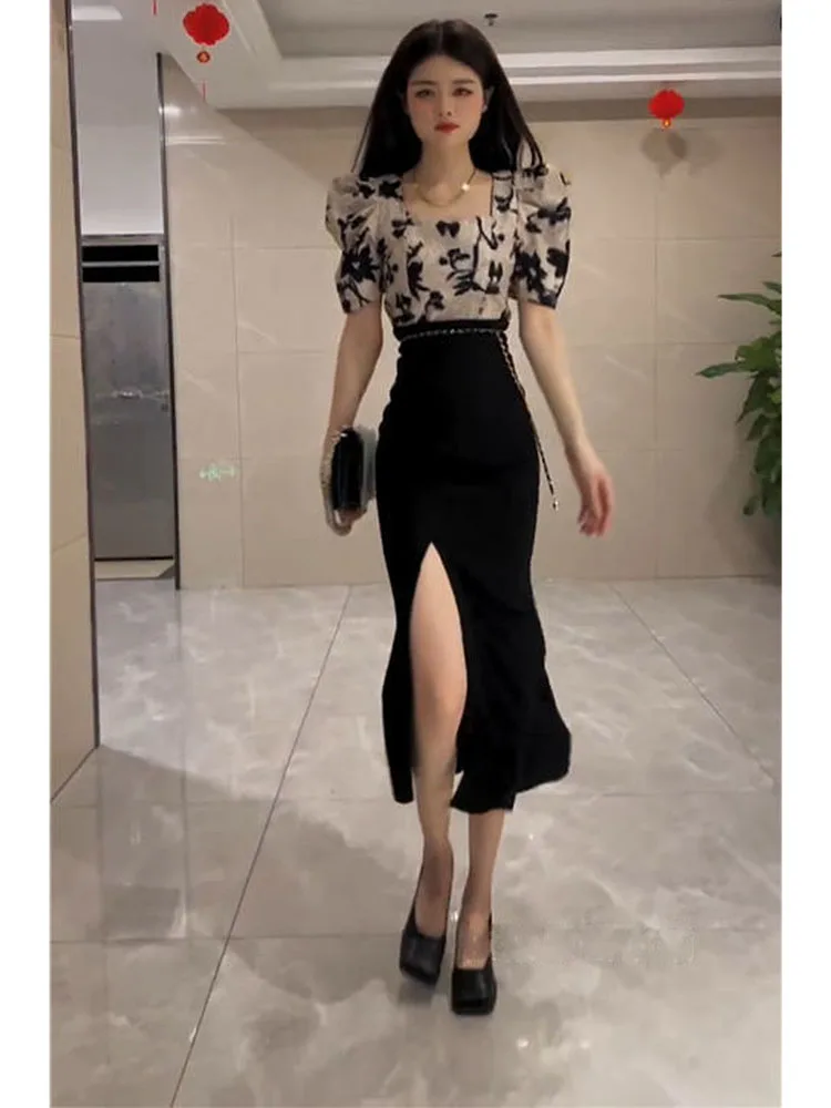 

Faionable High-Quali Women's Summer Outfit Skirt Set Square Collar High-Waisted Split Trousers Sli Ele Trendy