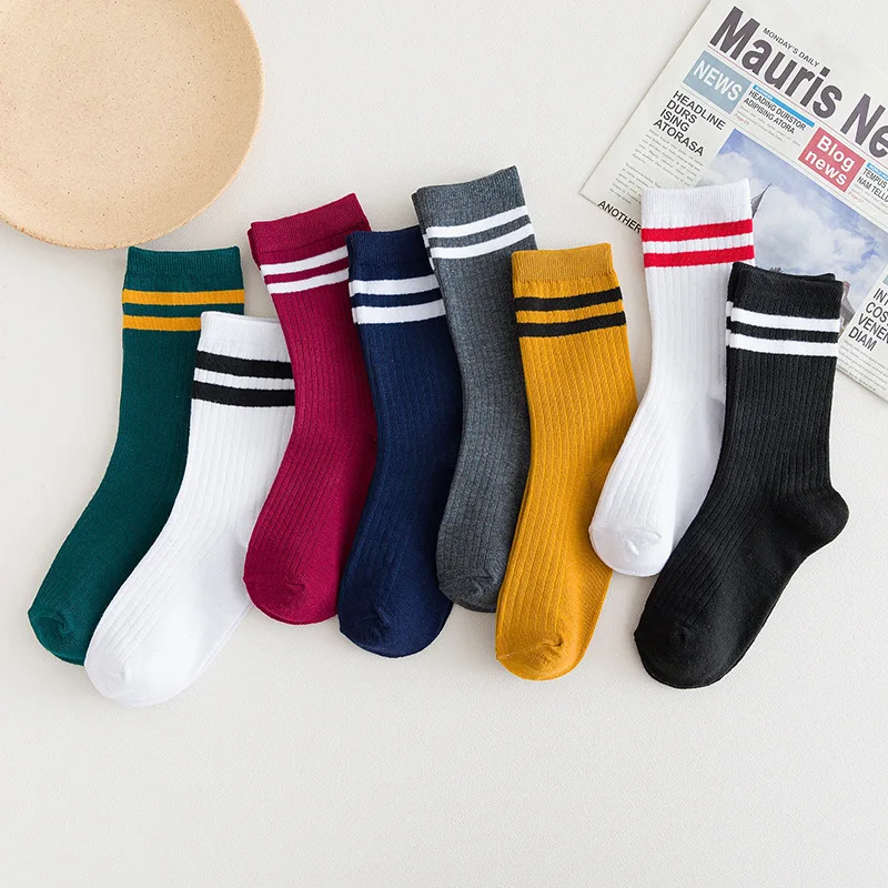 

Knitting Striped Long Socks Cotton Solid Color Harajuku Retro Black White Crew Socks Japanese High School Girls Cute Loose Socks