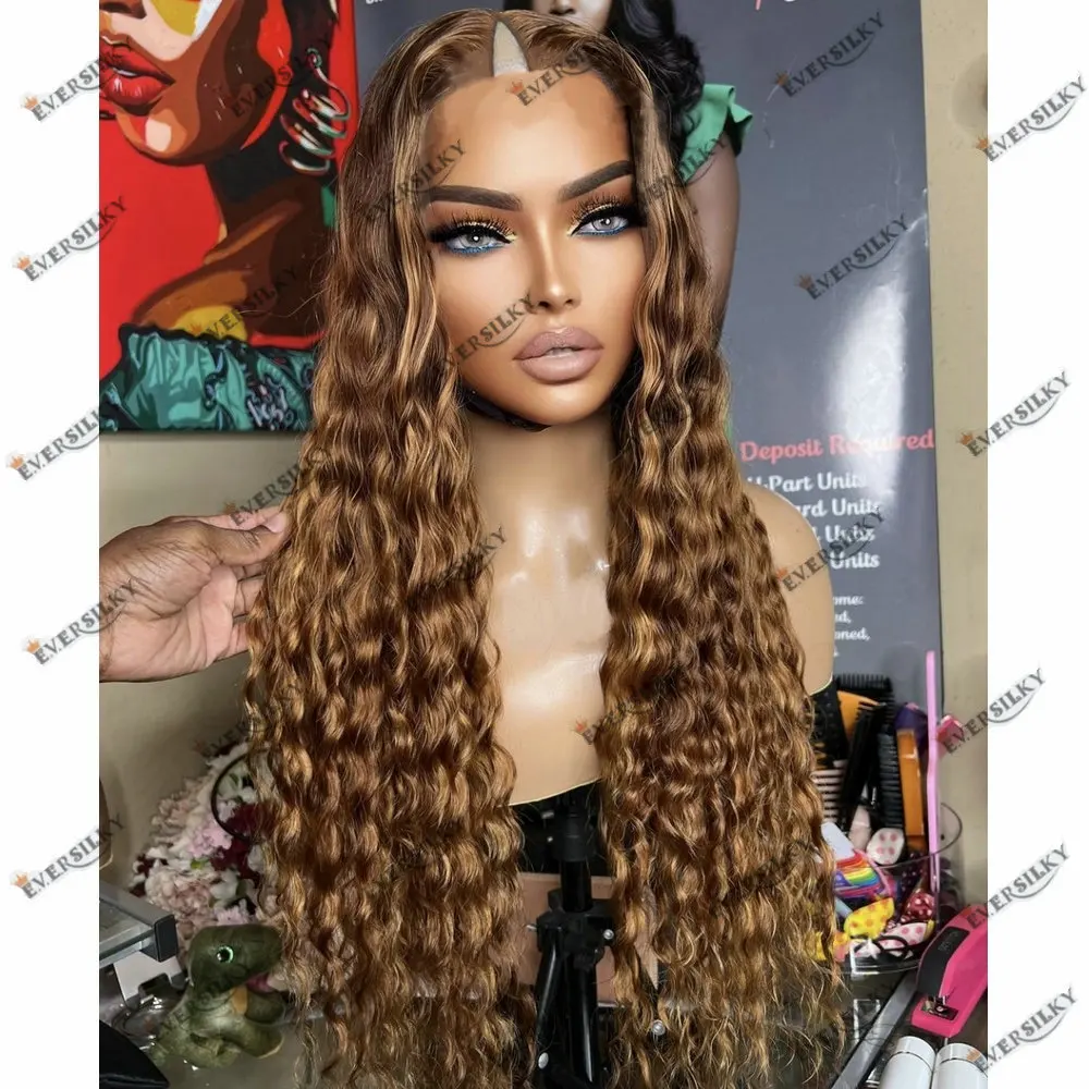 Honey Light Brown Highlight Remy Braizilian Hair V Part Wig Long Deep Wave Adjustables Glueless 1*4 Size U Human Hair for Women