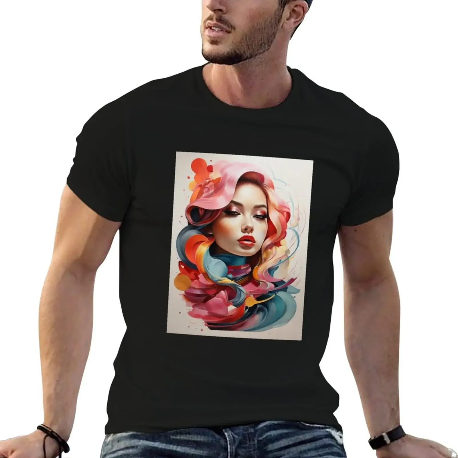 

A beautyful girl with colorful hair illustration T-Shirt blanks cute clothes plus sizes t shirts for men pack