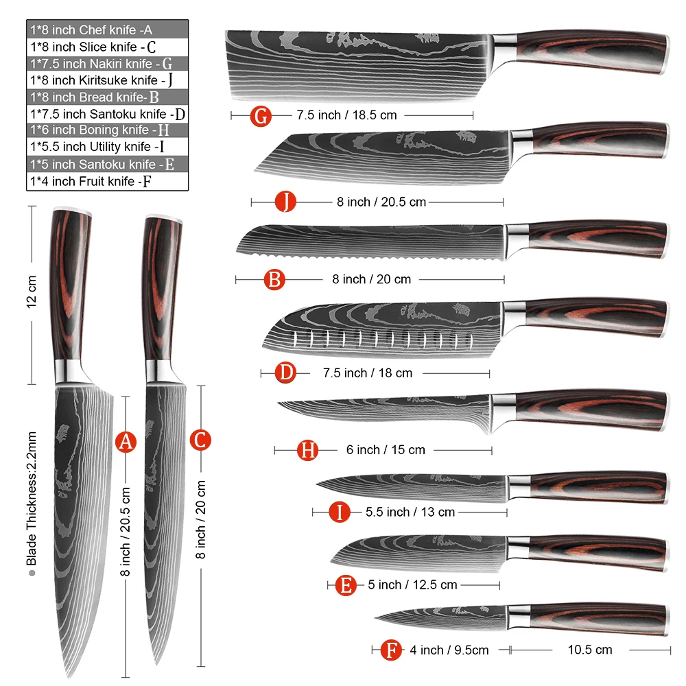 Chef messer 1-10Pcs Set Laser Damaskus Muster Küche Messer Sharp Japanische Santoku Slicing Utility Messer Hackmesser Boning messer