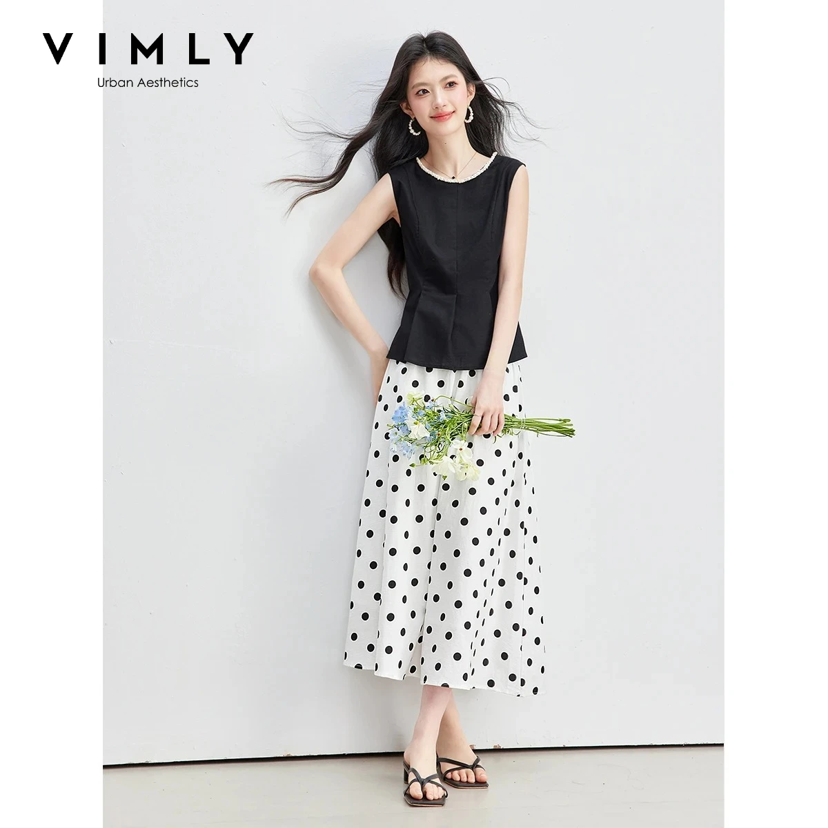 

VIMLY Women Summer Two-piece Set 2026 New French Style Black Sleeveless Top Polka Dot Skirt Suit Fashion Casual Wear A6272