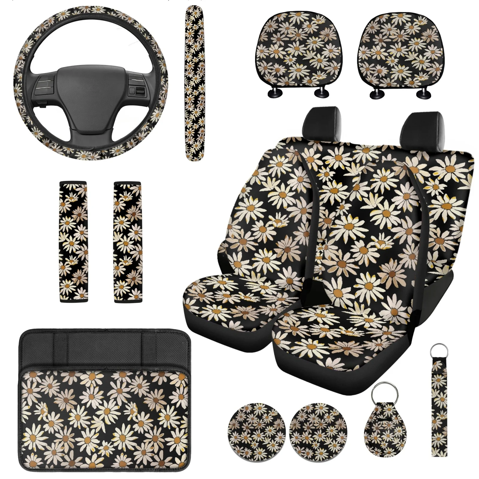 Coloranimal Daisy Print 14 Pack Automobile Seat Cover Sets with Long Lasting Steering Wheel Cover and Auto Cup Pad for SUV