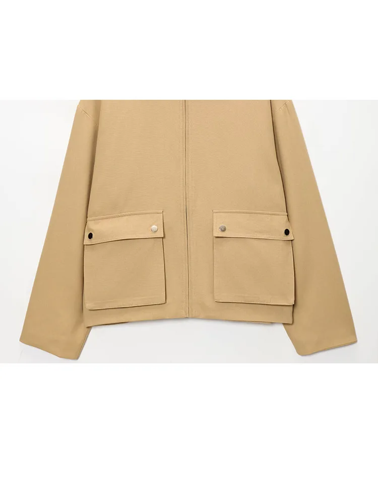 HH Moda invernale da donna Colletto con giunture allentato Decorazione tascabile Cappotto ampio Temperamento femminile Giacca a maniche lunghe con cerniera casual