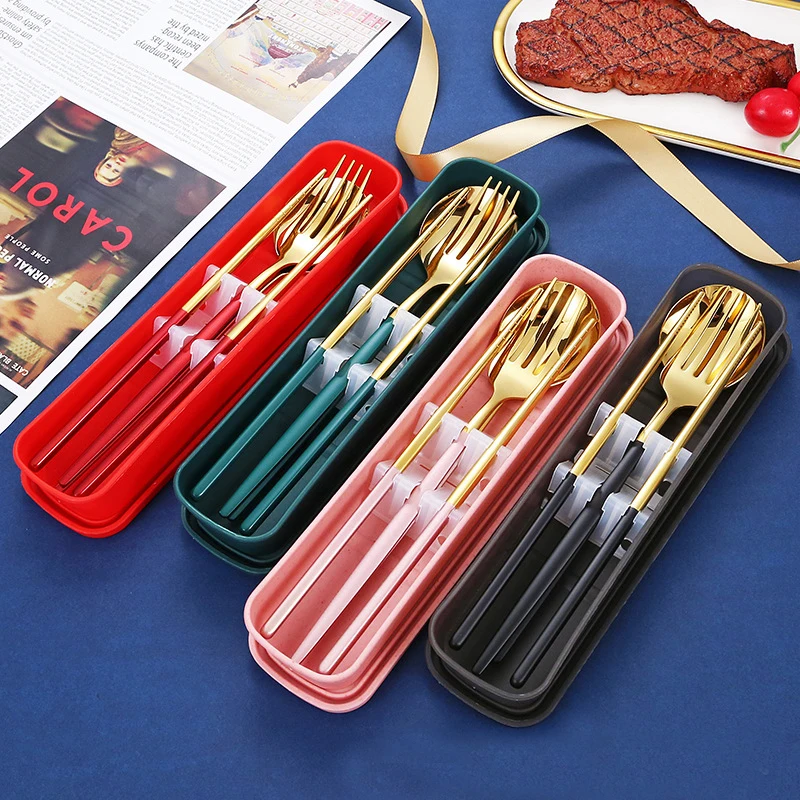 

Portable Set Cutlery 2pcs 3pcs Stainless Steel Flatware Fork Spoon Chopsticks Gold Cutlery Set in Case Box for Travel Hiking