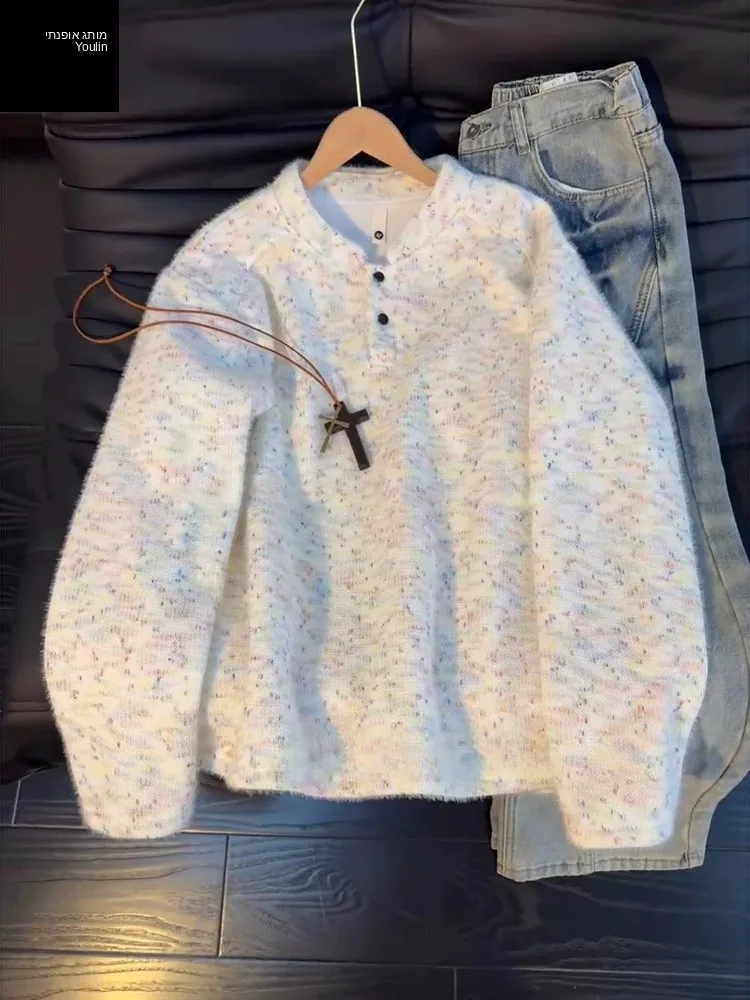 American Style Fleece Lined Knitted Henry Collar Sweatshirt Men's Long Sleeve  Shirt Comfortable Warm Inner Wear Base Shirt