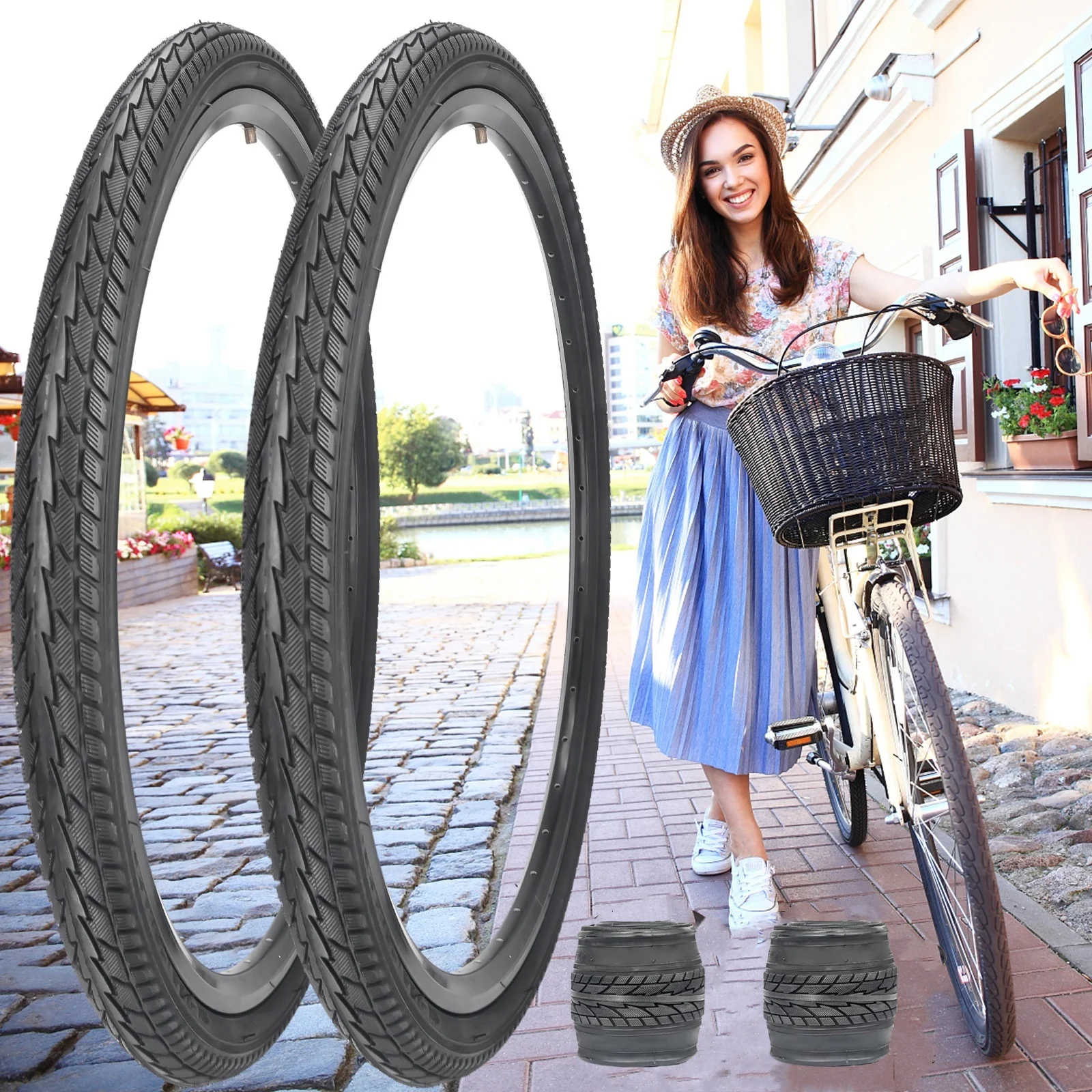 26" Bike Tires 26x1.75 Foldable Replacement Black Bicycle Tire for Hybrid City Road Commuter Bicycles Urban
