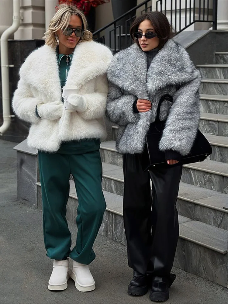 Damski płaszcz ze sztucznego futra, ciepły, luźny, z długim rękawem, klapy, otwarty, gruby, jesienno-zimowy, nowy model 2025.