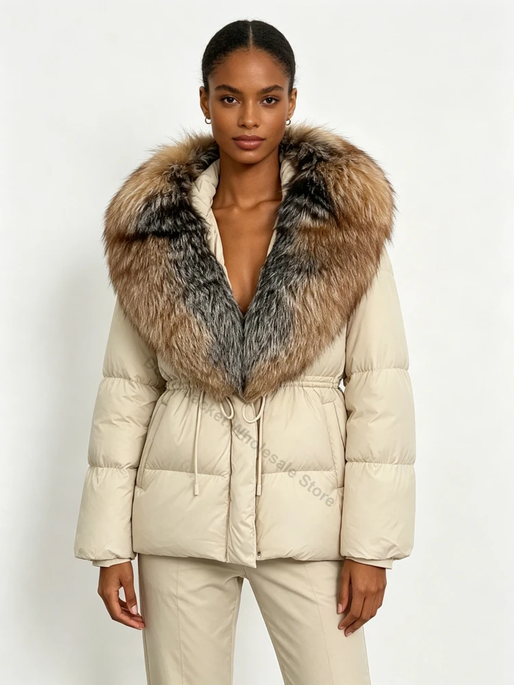 Women Genuine Fox Fur Coat Luxury Handmade Winter Long Down Jacket Elegant Boutique Style Premium Fashion Outerwear Clothing