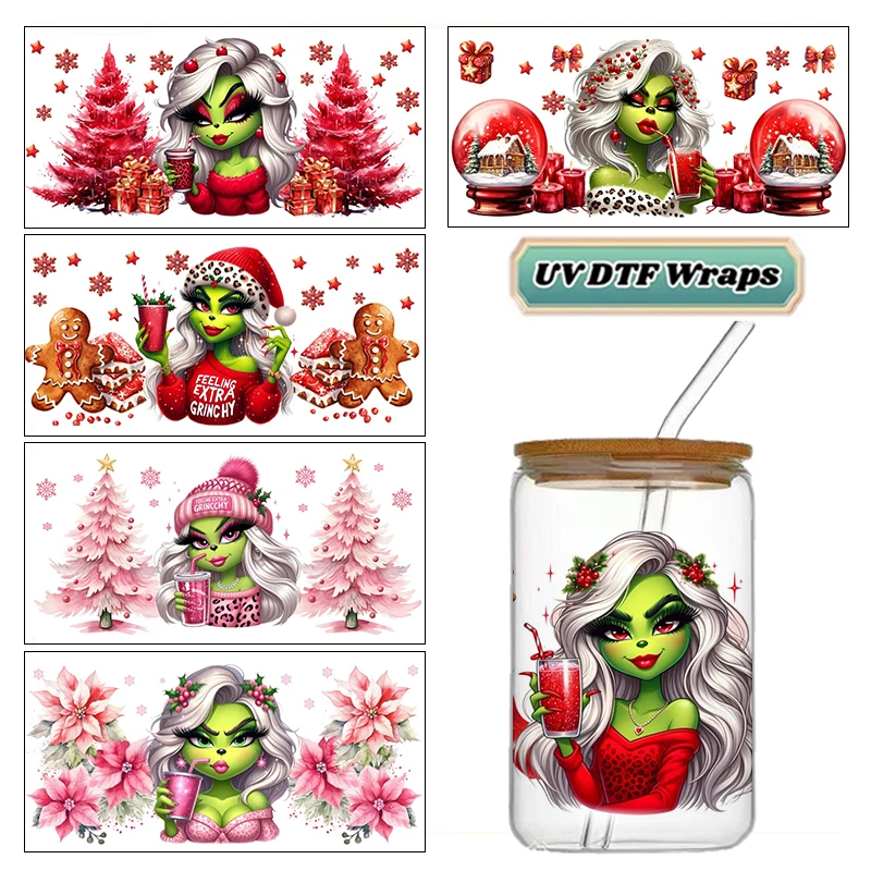 Christmas Green Monster Comic Strip 3D UV DTF Transfer Sticker Waterproof Transfers Decals For 16oz Glass Gift Cup Wrap Sticker