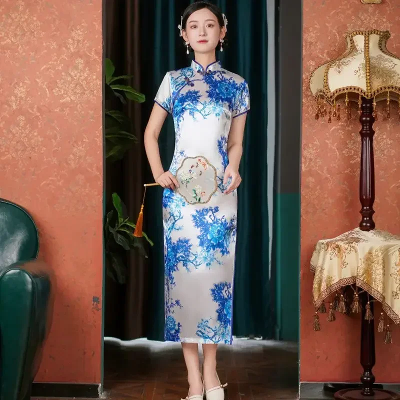 Винтажное тонкое китайское традиционное платье Cheongsam с коротким рукавом и разрезом, женское длинное платье Ципао 5XL, разные цвета