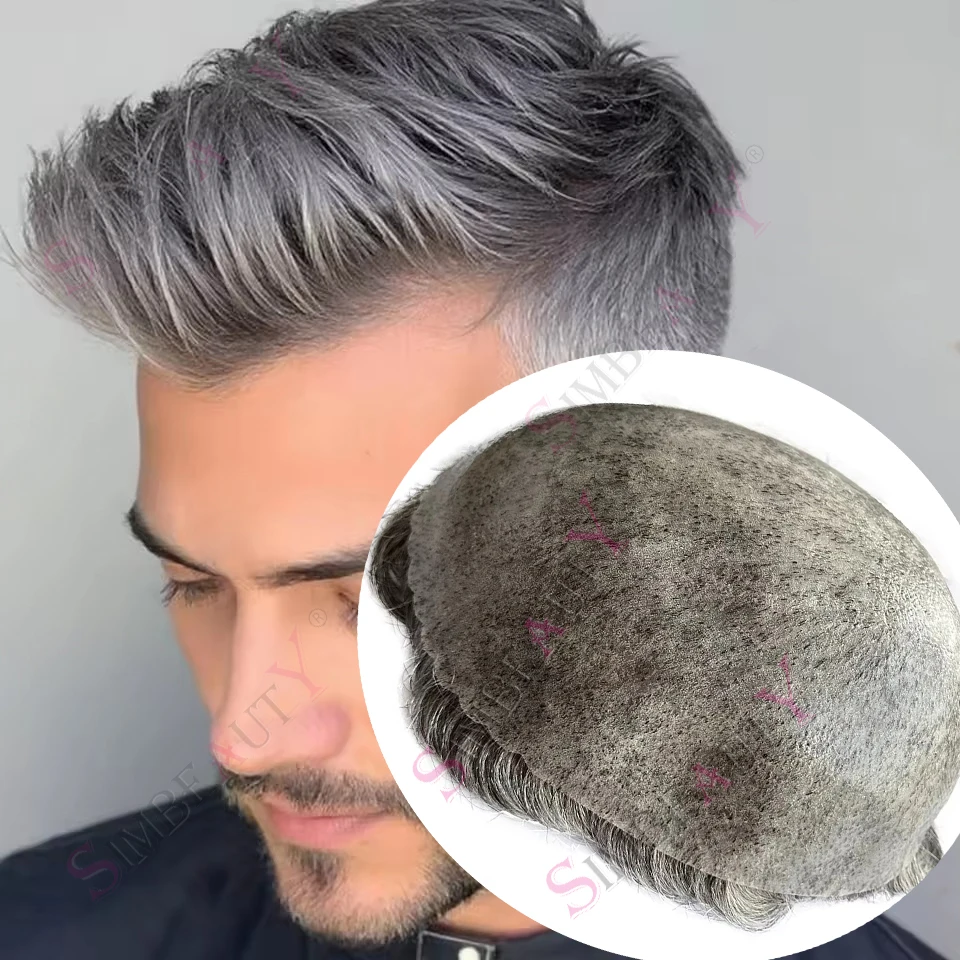 1b65 1b40 # رمادي 0.1 مللي متر بو الرجال الشعر المستعار كامل رقيقة الجلد الهندي الشعر البشري الرجال الشعرية الاصطناعية هيربيسي 130% الكثافة رجل الباروكات #1