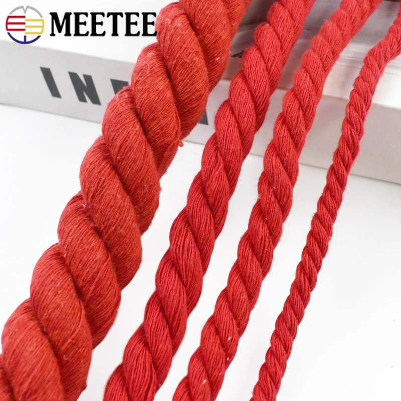4/5/10M Red Cotton Rope 3 Strand Twisted Cord 5-20mm Braided Macrame Ropes for Bag Belt Knapsack Clothes DIY Sewing Accessories