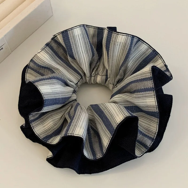 Korean Navy Blue Striped High Ponytail Headband