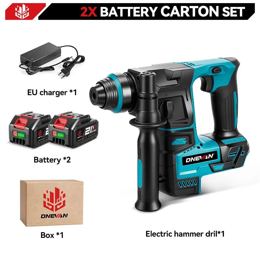 ONEVAN 2500W Bürstenloser Elektrohammer 3500 U/min Kabelloser Leichter Bohrhammer Schlagbohrmaschine für Makita 18V Akku