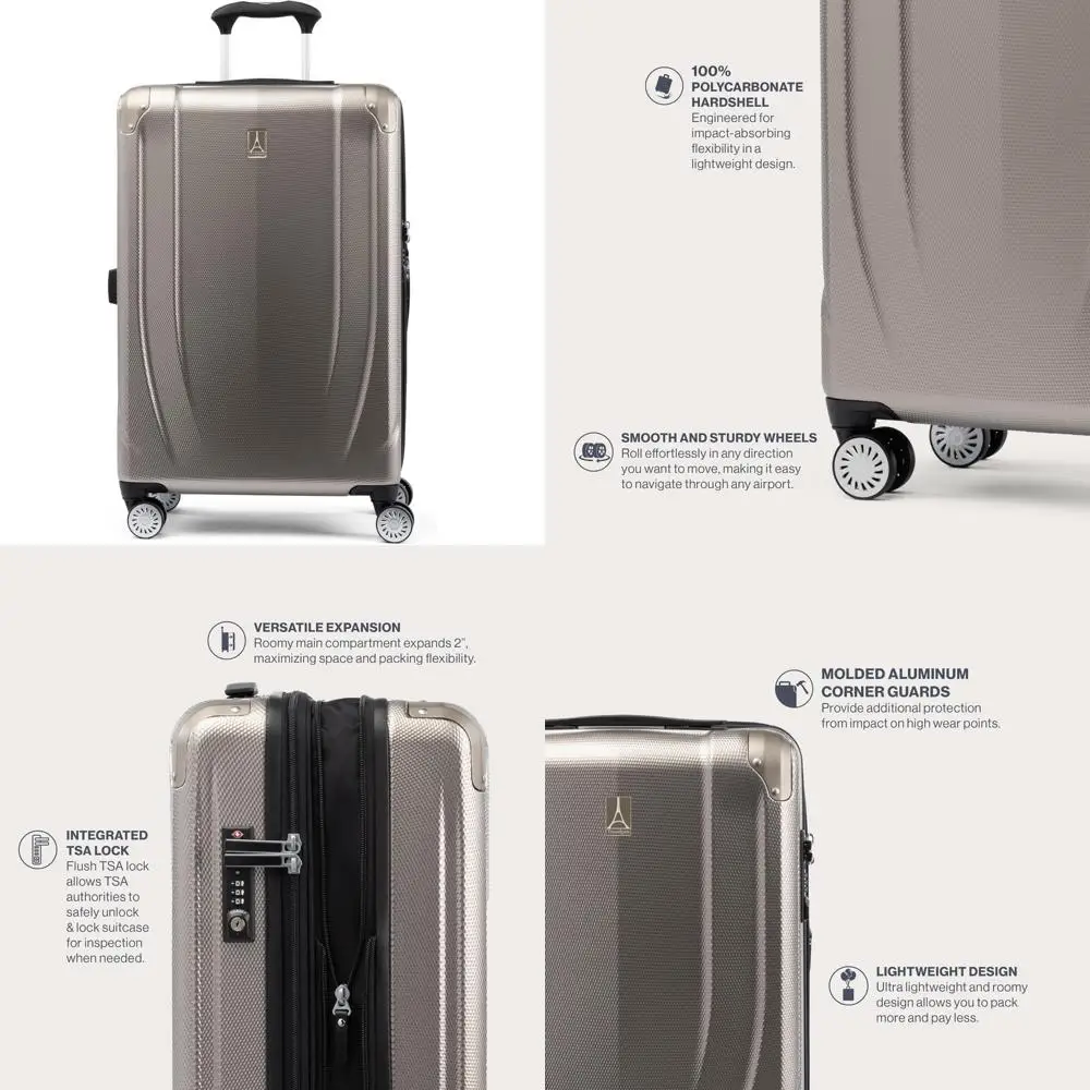 Bagagem rígida expansível média de 25 polegadas com 8 rodas giratórias, mala leve para viagens, opção de bolsa verificada, carvão