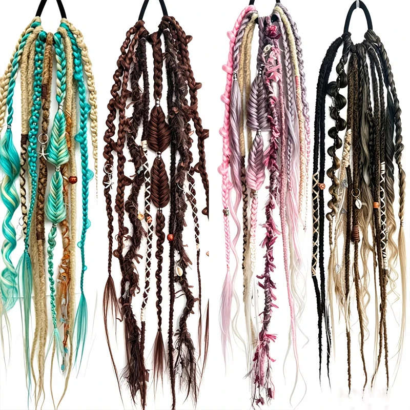 24 Zoll synthetischer Boho-Dread-Pferdeschwanz zum Anklippen, Wikinger-Zopf mit Muschelanhänger-Perlen, Haarverlängerungen für Frauen – Detail 6