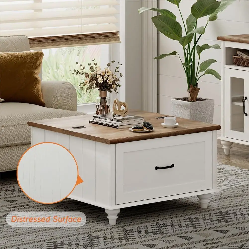 Farmhouse Lift Top Coffee Table with Storage Cabinet Wooden Center Table with Large Drawer Living Room Organization