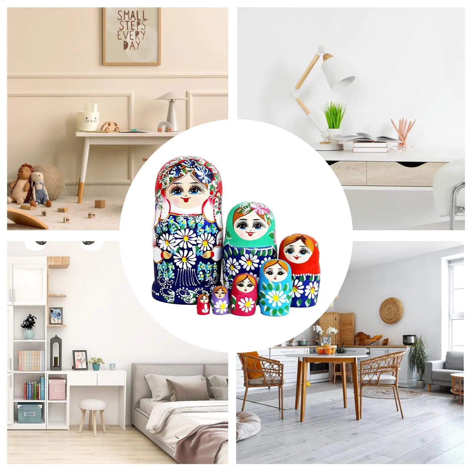 ตุ๊กตารัสเซียแบบซ้อนกันสำหรับเด็ก 7 ชิ้น ลายดอกเดซี่ไม้ ของตกแต่งบนโต๊ะ ตุ๊กตาตกแต่งแบบซ้อนกันสำหรับเด็ก วัยรุ่น และผู้ใหญ่