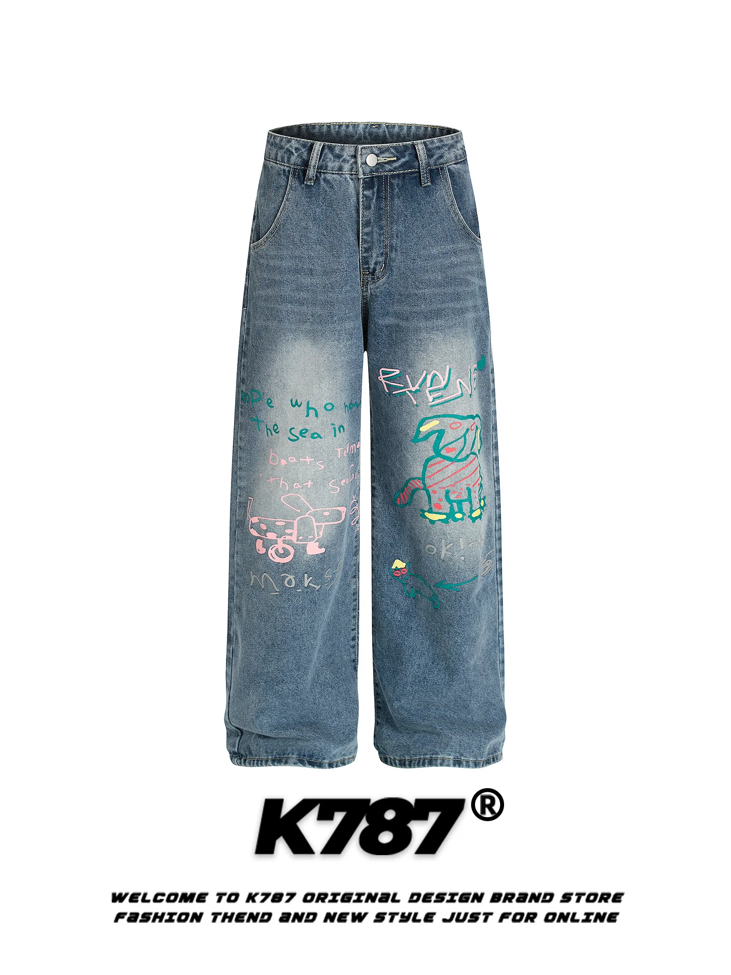 

K787 American Street fiti Dog Print High Waist Loose Straight Leg Jeans ex Waed out Wide Leg Pants Casual Cotton Denim