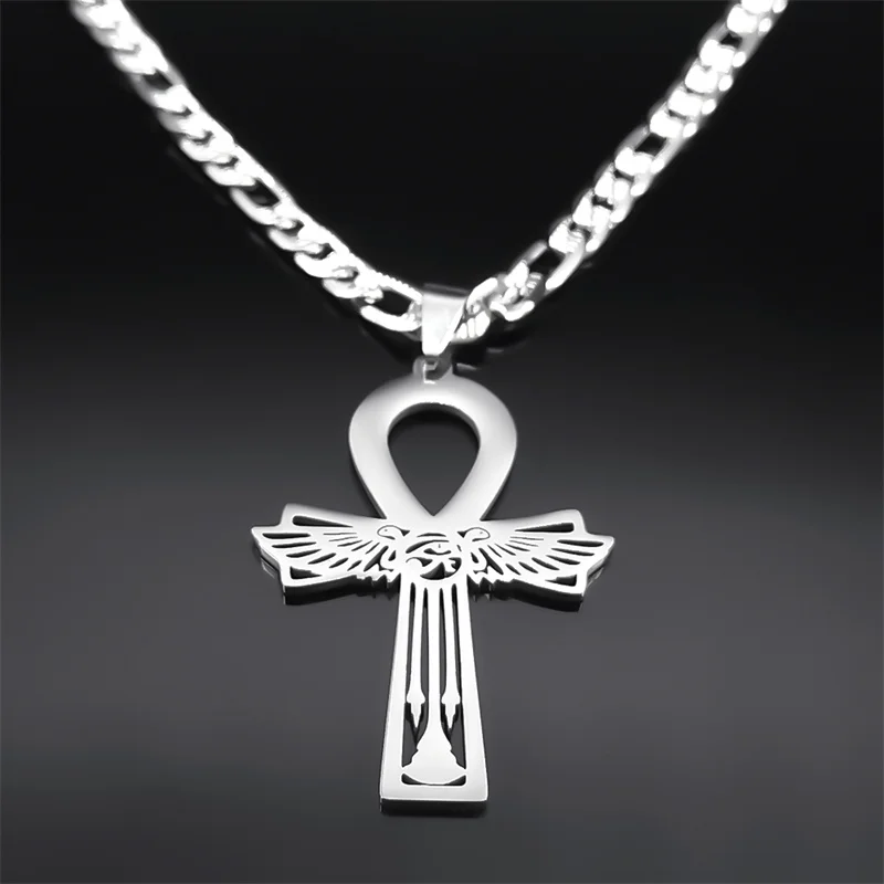 عنخ المصري الصليب عين حورس أجنحة الأفعى قلادة الرجال الفولاذ المقاوم للصدأ مفتاح الحياة الكوبية سلسلة القلائد مجوهرات N9730S05 #2