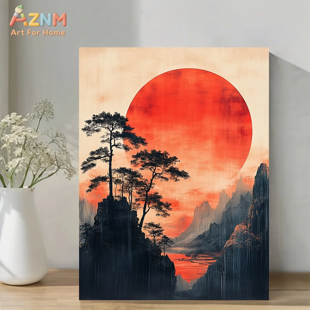 AZNM Japanese Mountain Pine Tree Red Sun Canvas Wall Art Oriental Vintage Sunset Landscape Minimalist Aesthetic Unframed Home De