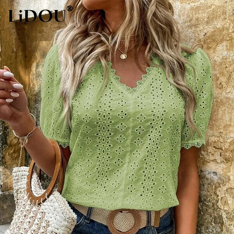 

Summer Elegant Lace Solid Hollow Out Blouse Women Puff Sleeve Fashion Spliced Sexy Shirt Chic Casual Pure Cotton Lady Pullover